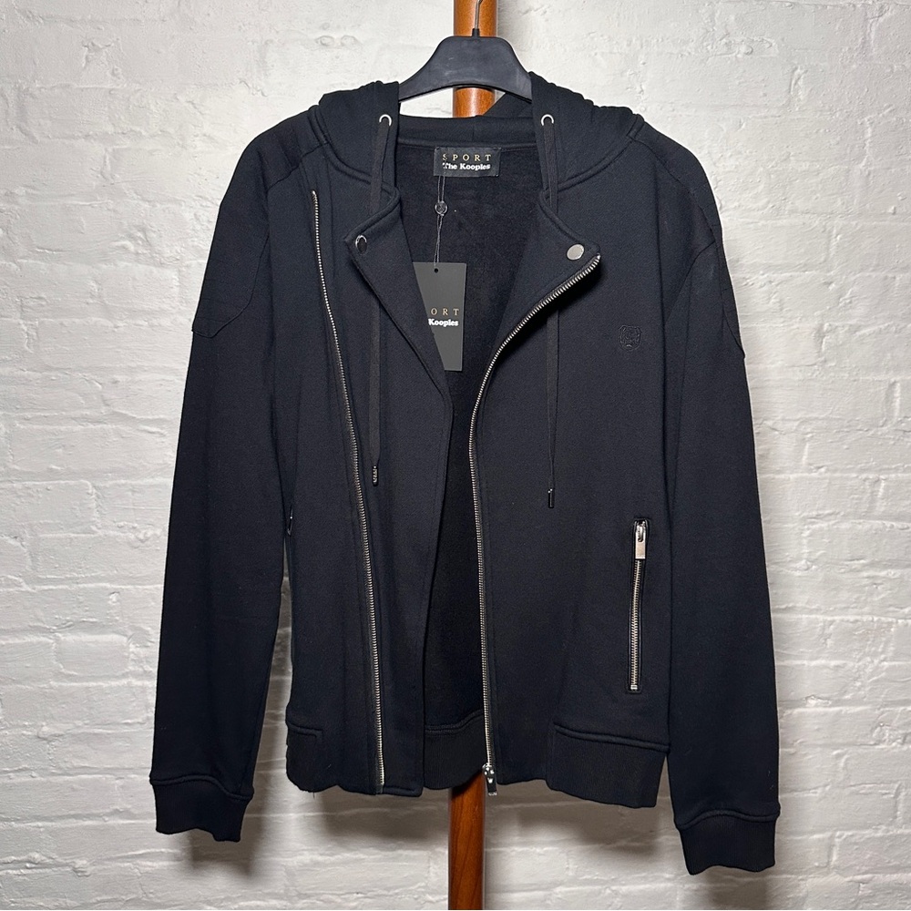 The Kooples Sport biker motorcycle fleece zipped hoodie jacket black